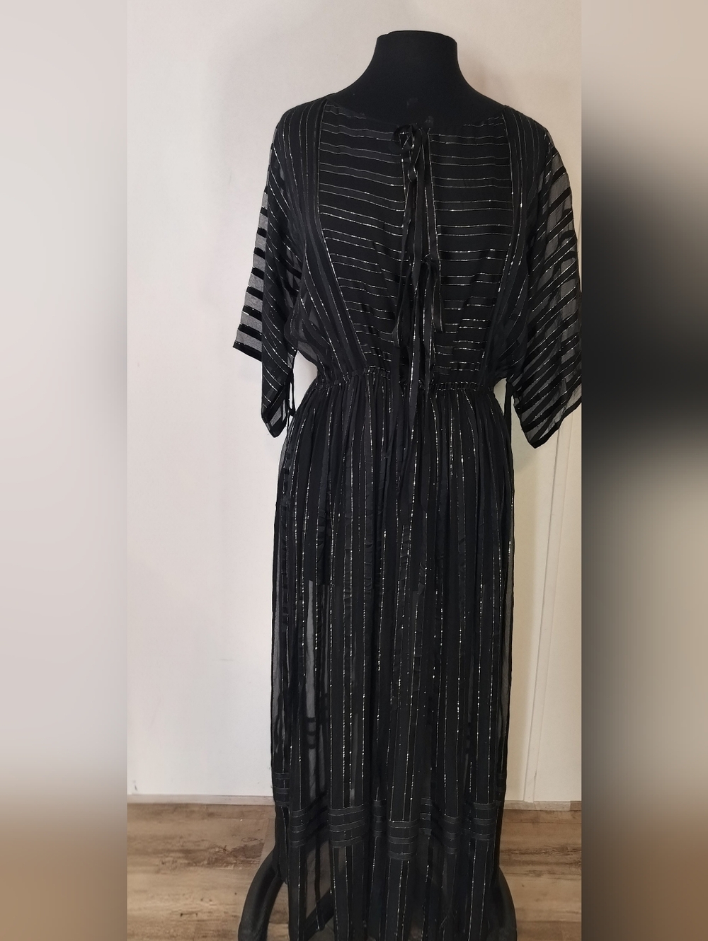 Black Sheer Maxi Dress Transparent with Metallic Stripe Detail